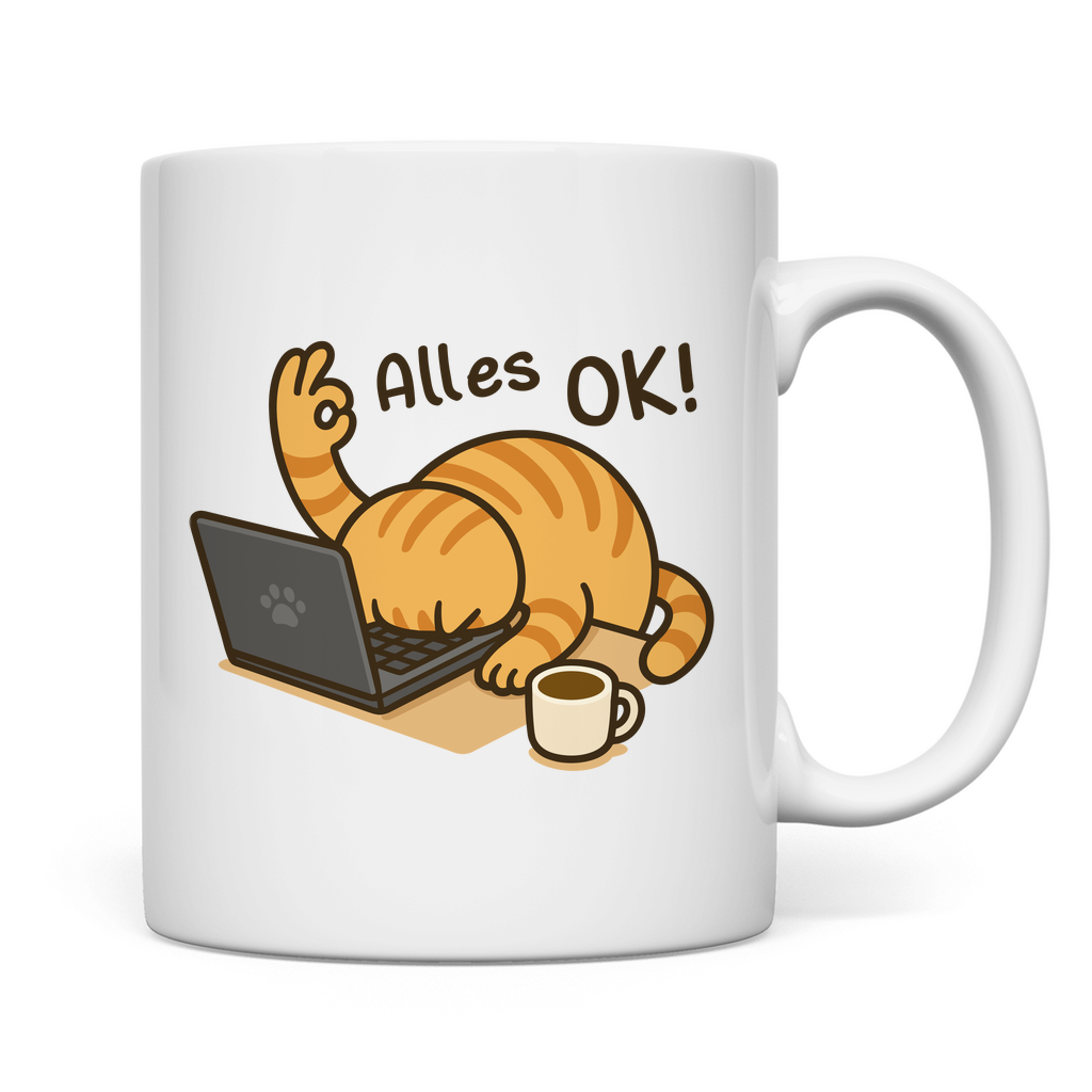 Tasse - Alles OK Katze – Lustiges Katzenmotiv am Laptop