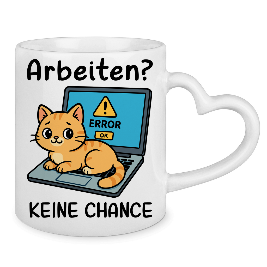 Tasse mit Herzhenkel Arbeiten? Keine Chance - Katze sitzt auf Laptop