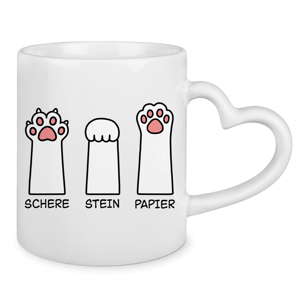 Tasse mit Herzhenkel - Katzenpfoten – Schere, Stein, Papier