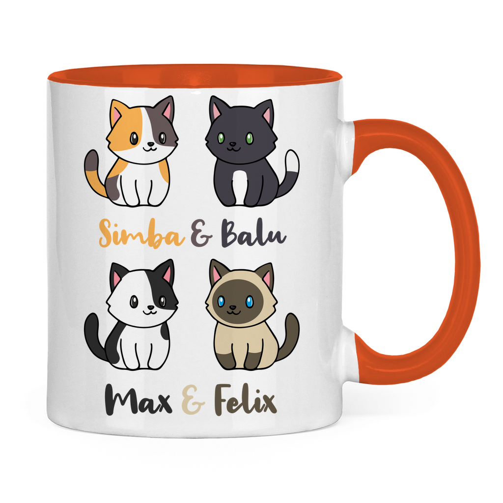Tasse zweifarbig Personalisiert - Vier Individuelle Cartoon Katzen mit Namen