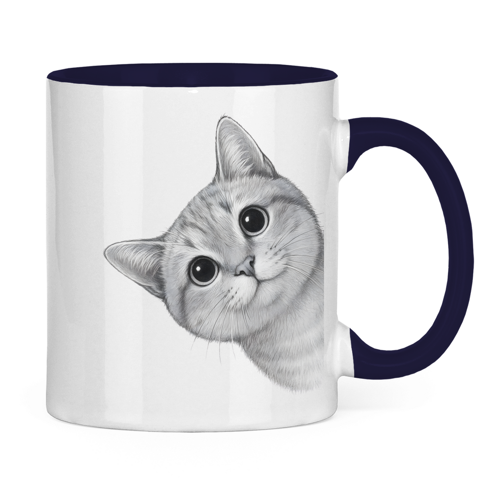Tasse zweifarbig - Sneaky Cat – Neugierige Katze schaut um die Ecke