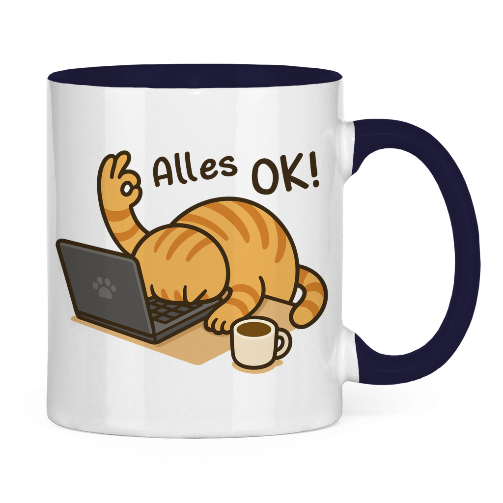 Tasse zweifarbig - Alles OK Katze – Lustiges Katzenmotiv am Laptop