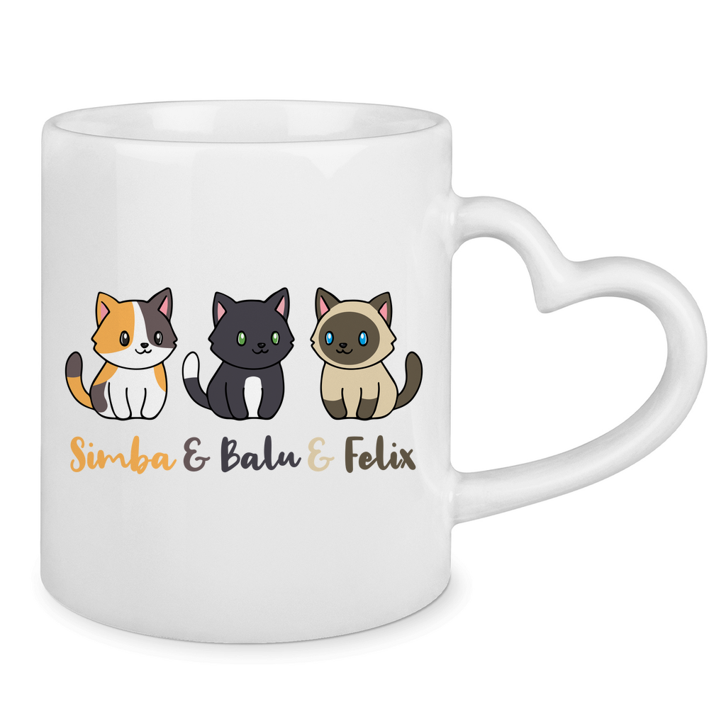 Tasse mit Herzhenkel Personalisiert - Drei Individuelle Cartoon Katzen mit Namen