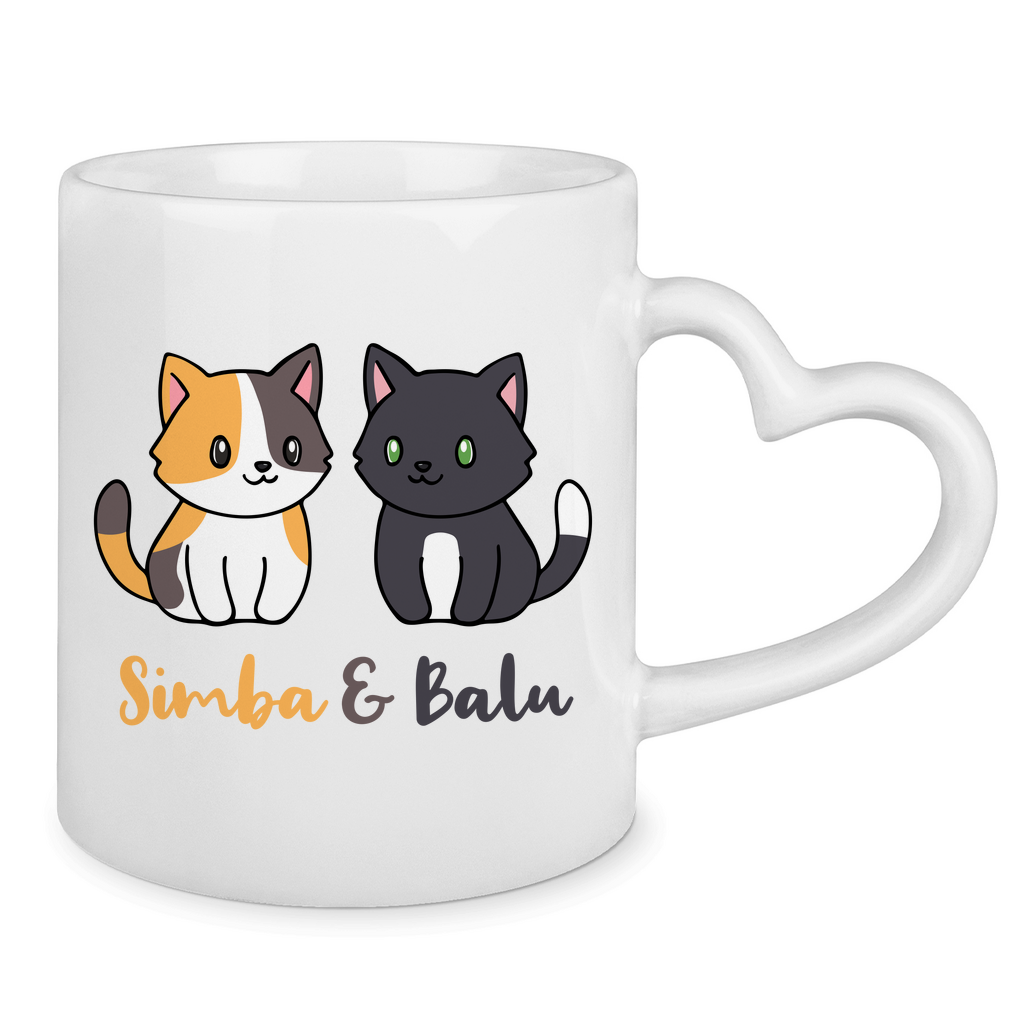 Tasse mit Herzhenkel Personalisiert - Zwei Individuelle Cartoon Katzen mit Namen