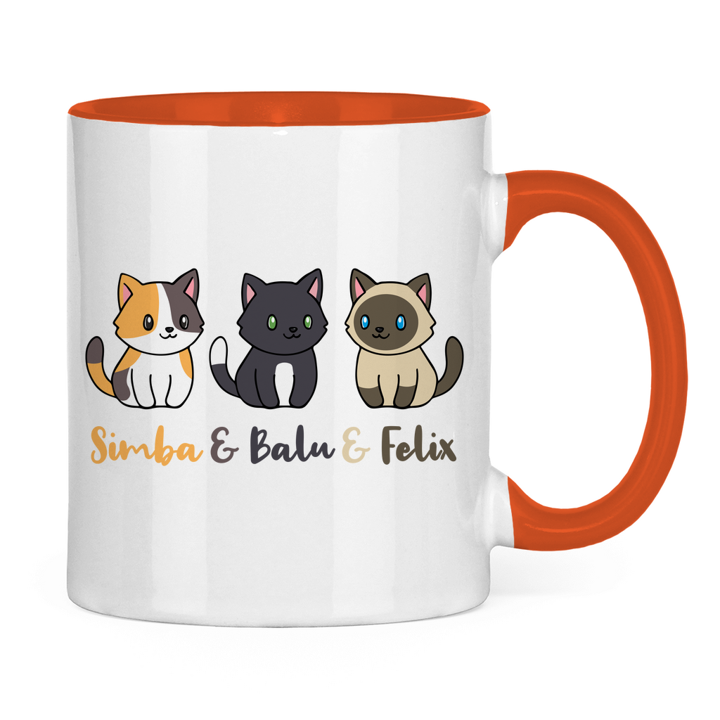 Tasse zweifarbig Personalisiert - Drei Individuelle Cartoon Katzen mit Namen
