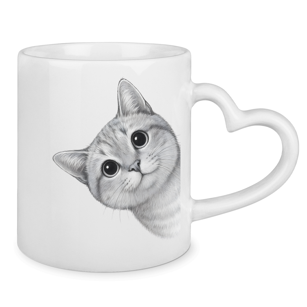 Tasse mit Herzhenkel - Sneaky Cat – Neugierige Katze schaut um die Ecke