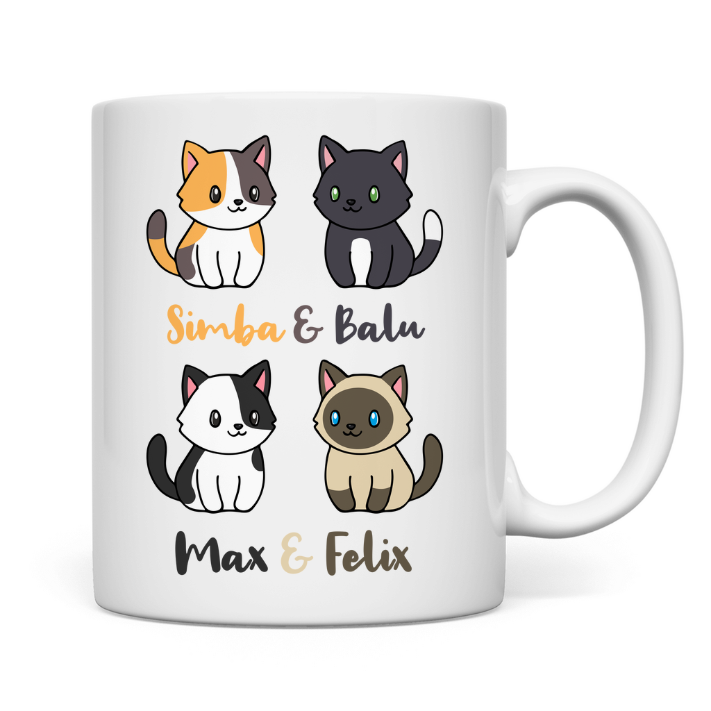 Tasse Personalisiert - Vier Individuelle Cartoon Katzen mit Namen