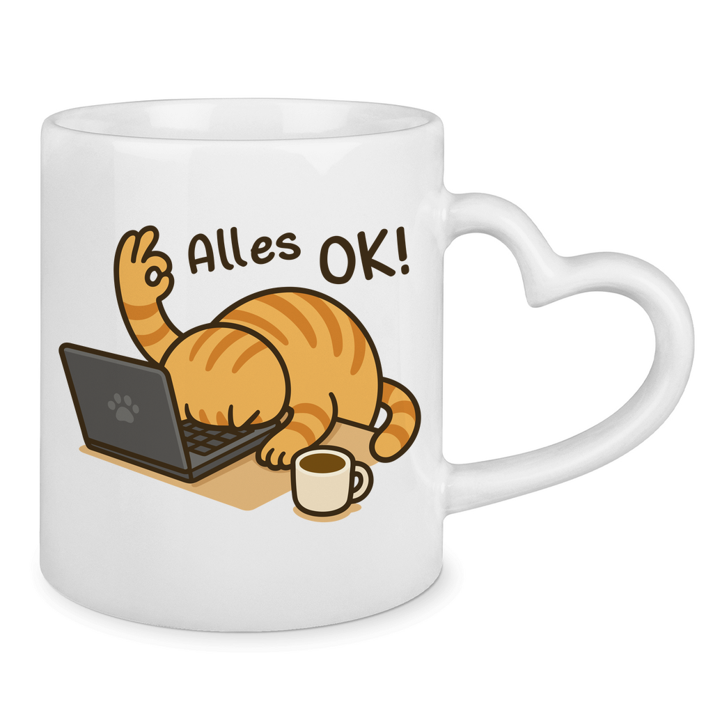 Tasse mit Herzhenkel - Alles OK Katze – Lustiges Katzenmotiv am Laptop