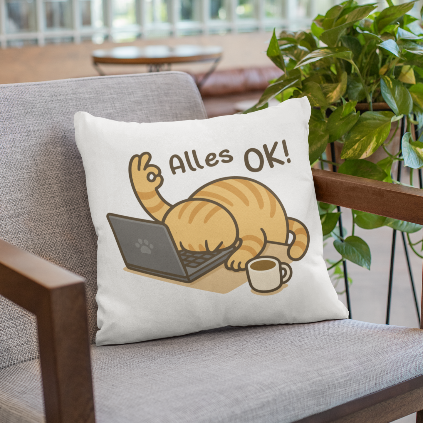 Kopfkissen flauschig - Alles OK Katze – Lustiges Katzenmotiv am Laptop