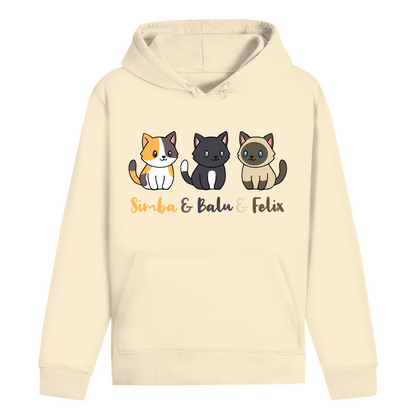 ST/ST Drummer Hoodie Personalisiert - Drei Individuelle Cartoon Katzen mit Namen