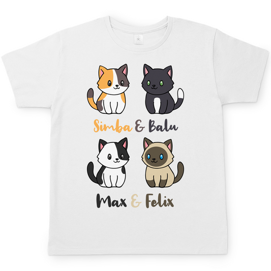 Herren T-Shirt Personalisiert - Vier Individuelle Cartoon Katzen mit Namen