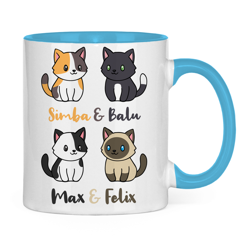 Tasse zweifarbig Personalisiert - Vier Individuelle Cartoon Katzen mit Namen