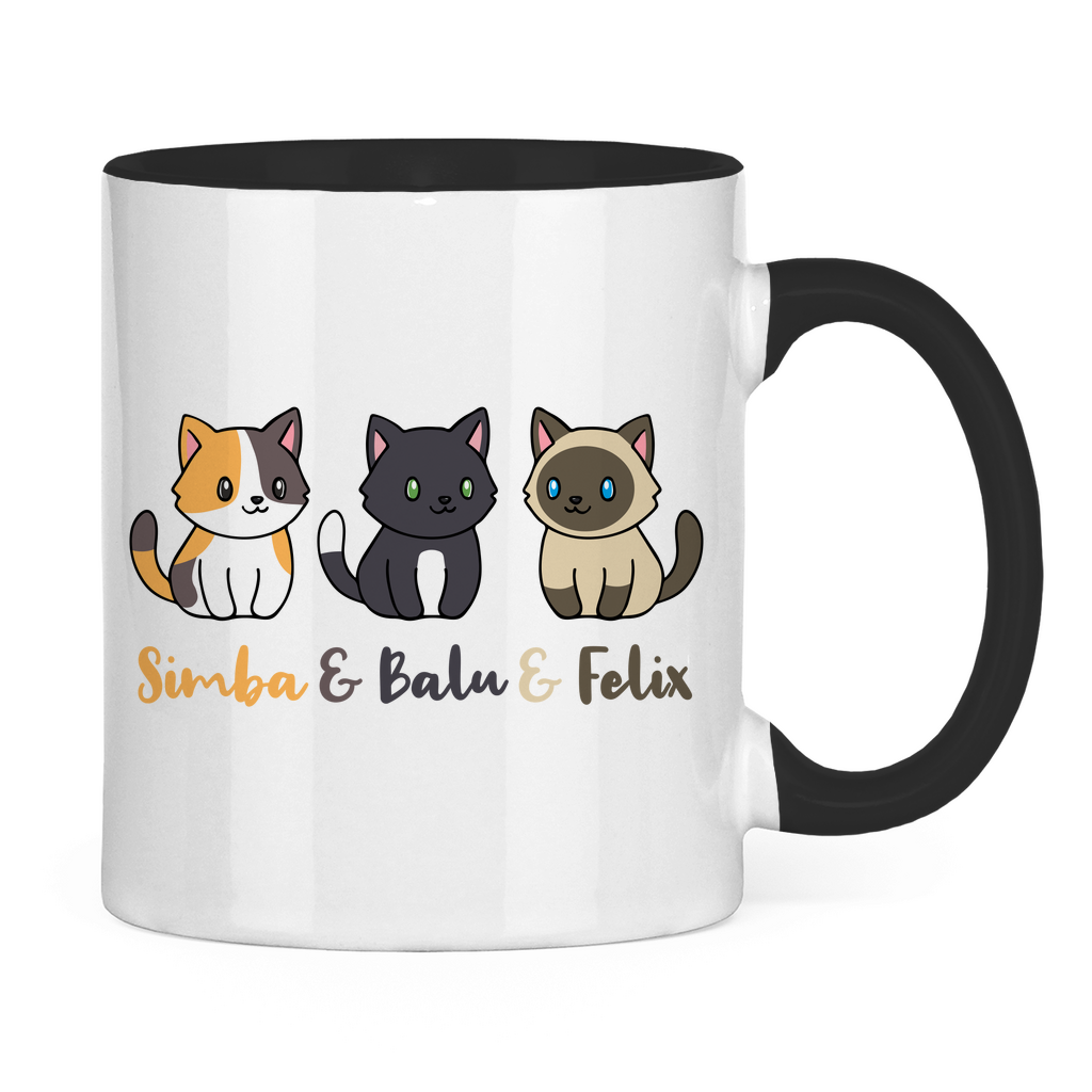 Tasse zweifarbig Personalisiert - Drei Individuelle Cartoon Katzen mit Namen