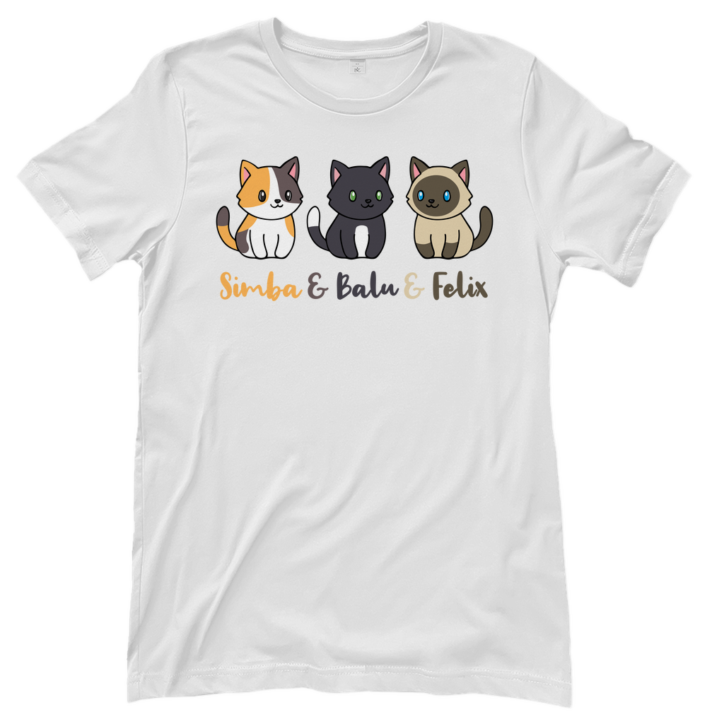 Damen T-Shirt Personalisiert - Drei Individuelle Cartoon Katzen mit Namen