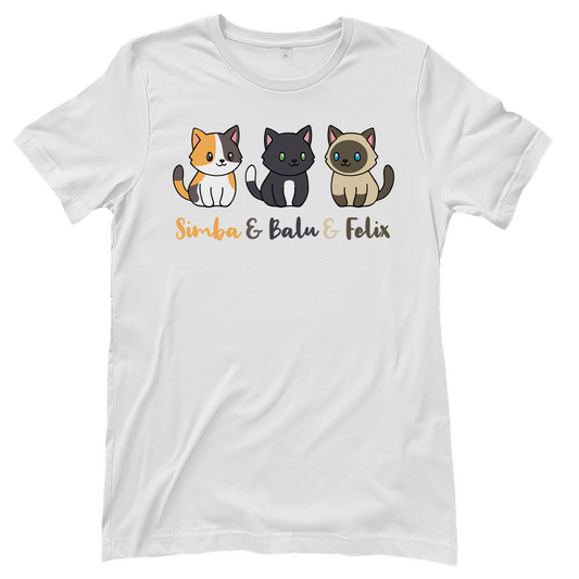 Damen T-Shirt Personalisiert - Drei Individuelle Cartoon Katzen mit Namen