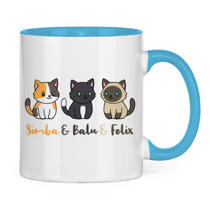 Tasse zweifarbig Personalisiert - Drei Individuelle Cartoon Katzen mit Namen