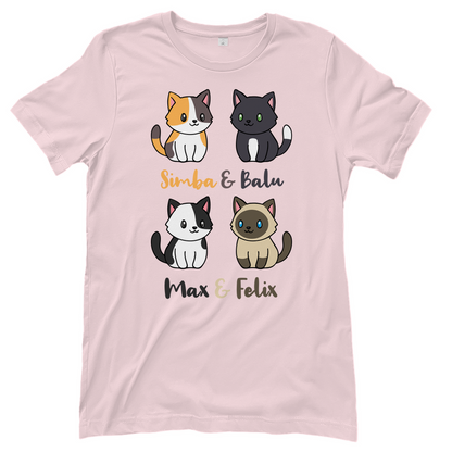 Damen T-Shirt Personalisiert - Vier Individuelle Cartoon Katzen mit Namen