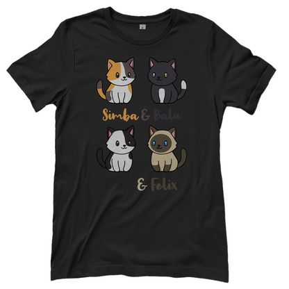 Damen T-Shirt Personalisiert - Vier Individuelle Cartoon Katzen mit Namen