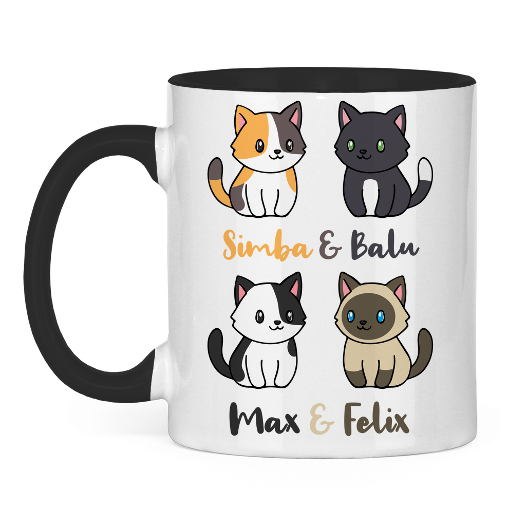 Tasse zweifarbig Personalisiert - Vier Individuelle Cartoon Katzen mit Namen