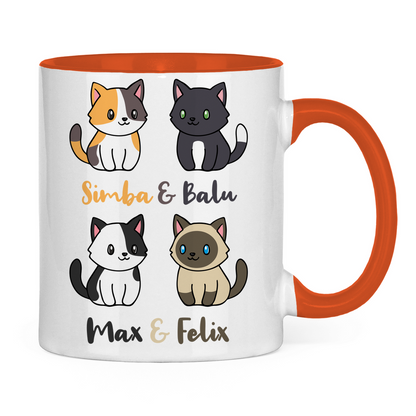 Tasse zweifarbig Personalisiert - Vier Individuelle Cartoon Katzen mit Namen