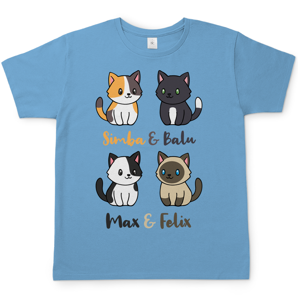 Herren T-Shirt Personalisiert - Vier Individuelle Cartoon Katzen mit Namen