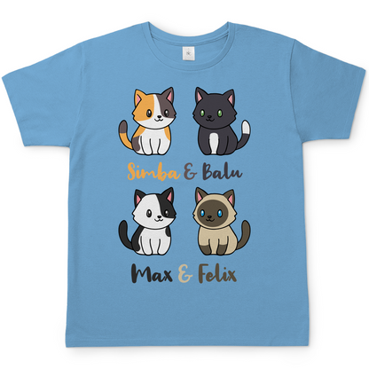 Herren T-Shirt Personalisiert - Vier Individuelle Cartoon Katzen mit Namen