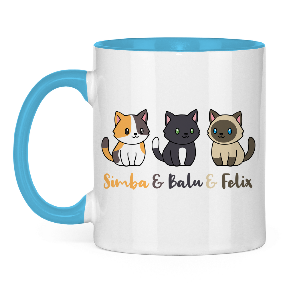 Tasse zweifarbig Personalisiert - Drei Individuelle Cartoon Katzen mit Namen