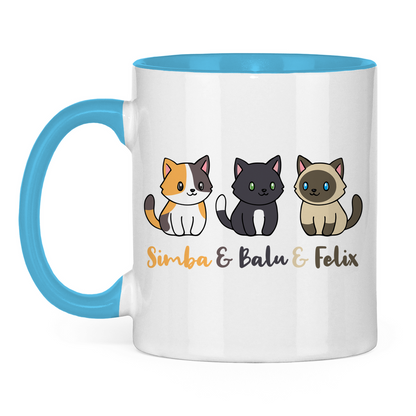 Tasse zweifarbig Personalisiert - Drei Individuelle Cartoon Katzen mit Namen