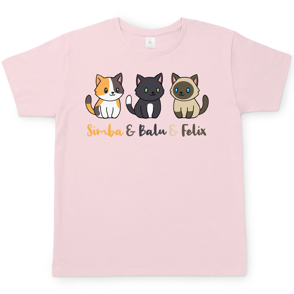 Herren T-Shirt Personalisiert - Drei Individuelle Cartoon Katzen mit Namen