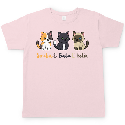 Herren T-Shirt Personalisiert - Drei Individuelle Cartoon Katzen mit Namen