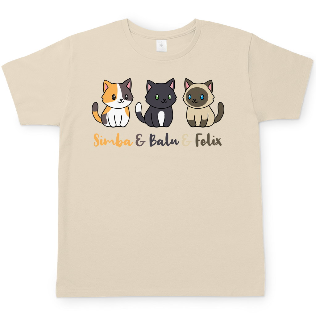 Herren T-Shirt Personalisiert - Drei Individuelle Cartoon Katzen mit Namen