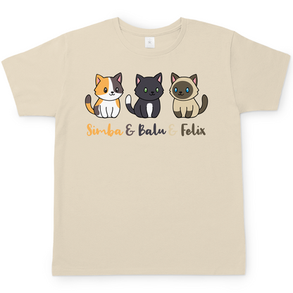 Herren T-Shirt Personalisiert - Drei Individuelle Cartoon Katzen mit Namen