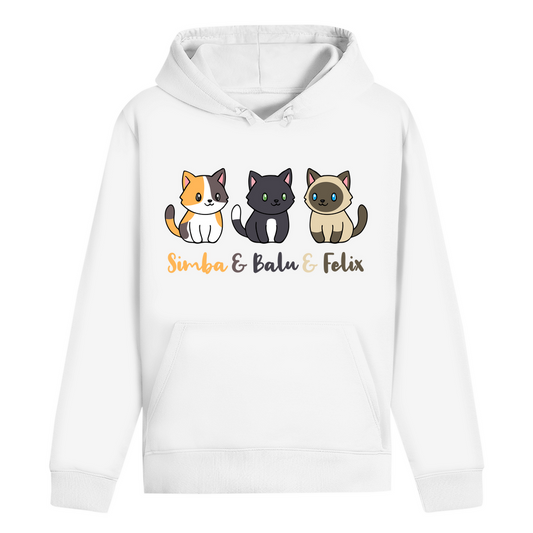 ST/ST Drummer Hoodie Personalisiert - Drei Individuelle Cartoon Katzen mit Namen