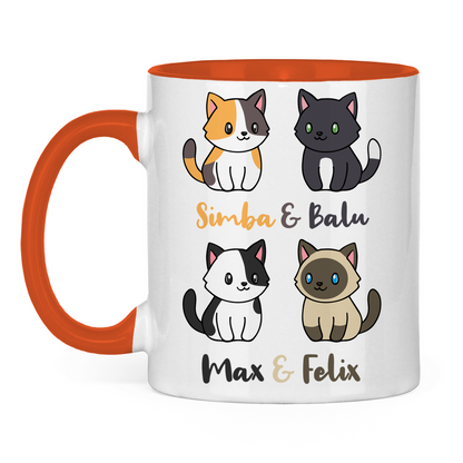 Tasse zweifarbig Personalisiert - Vier Individuelle Cartoon Katzen mit Namen