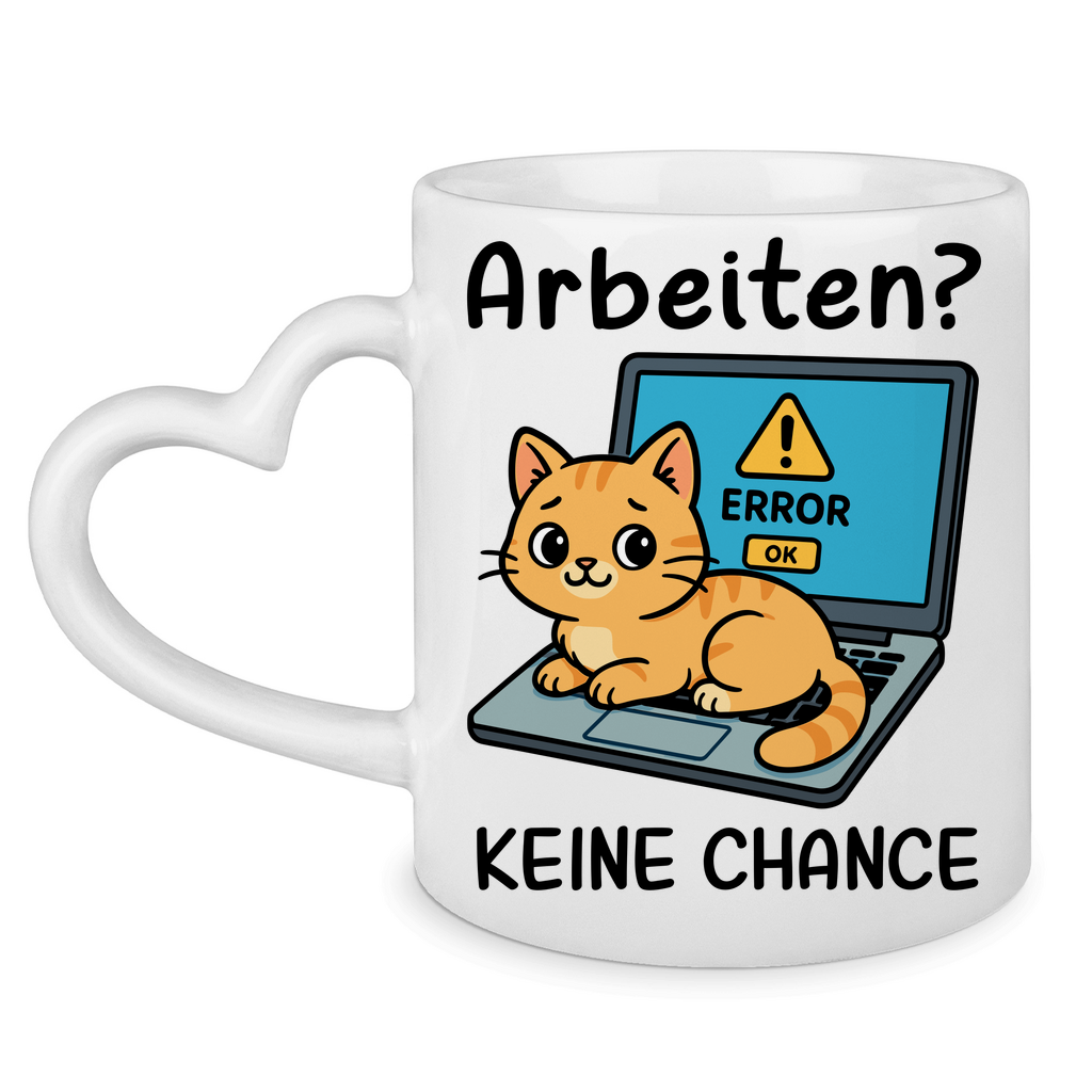 Tasse mit Herzhenkel Arbeiten? Keine Chance - Katze sitzt auf Laptop