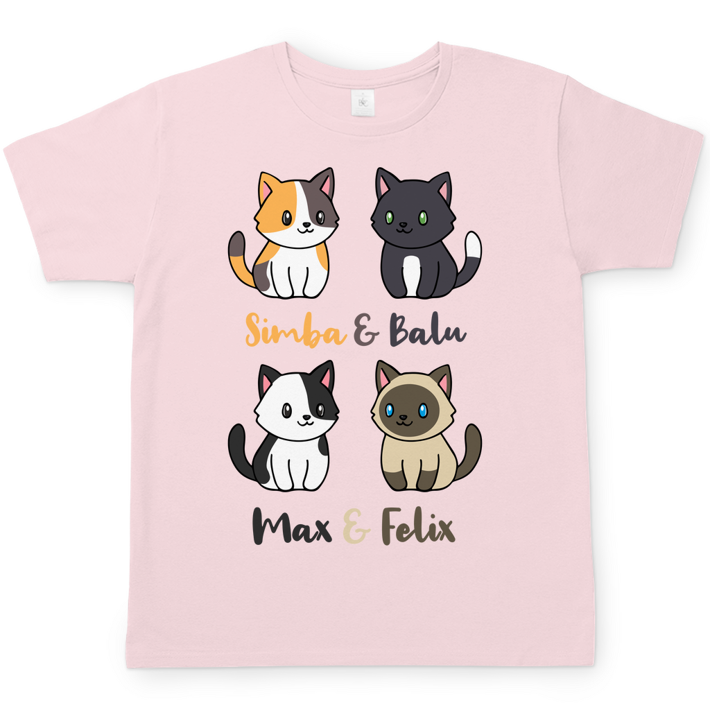 Herren T-Shirt Personalisiert - Vier Individuelle Cartoon Katzen mit Namen