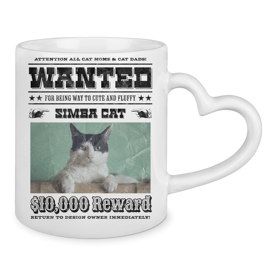 Tasse mit Herzhenkel Personalisiert - Wanted Cat - Western Katzen Fahndungsfoto