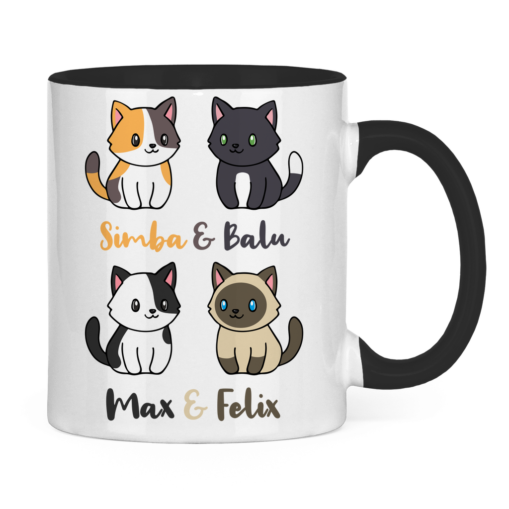 Tasse zweifarbig Personalisiert - Vier Individuelle Cartoon Katzen mit Namen