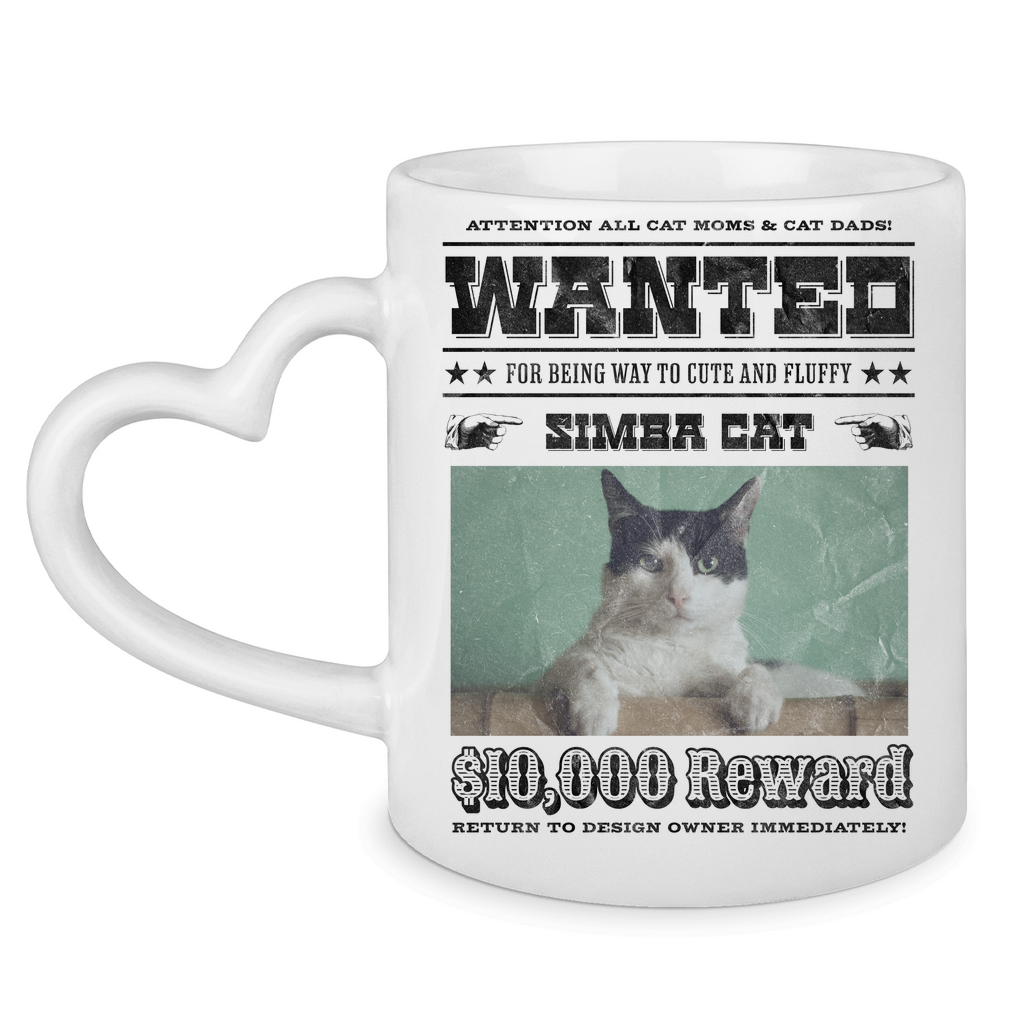 Tasse mit Herzhenkel Personalisiert - Wanted Cat - Western Katzen Fahndungsfoto