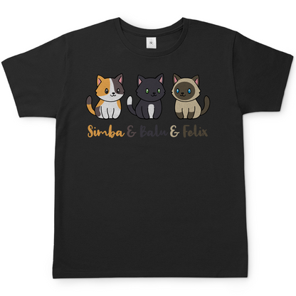 Herren T-Shirt Personalisiert - Drei Individuelle Cartoon Katzen mit Namen
