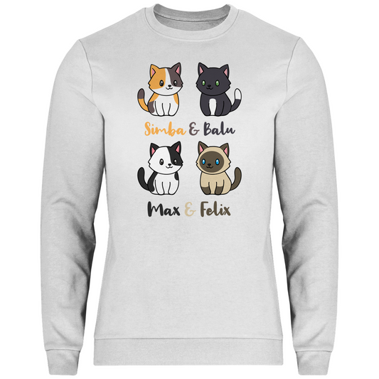 Herren Sweatshirt Personalisiert - Vier Individuelle Cartoon Katzen mit Namen