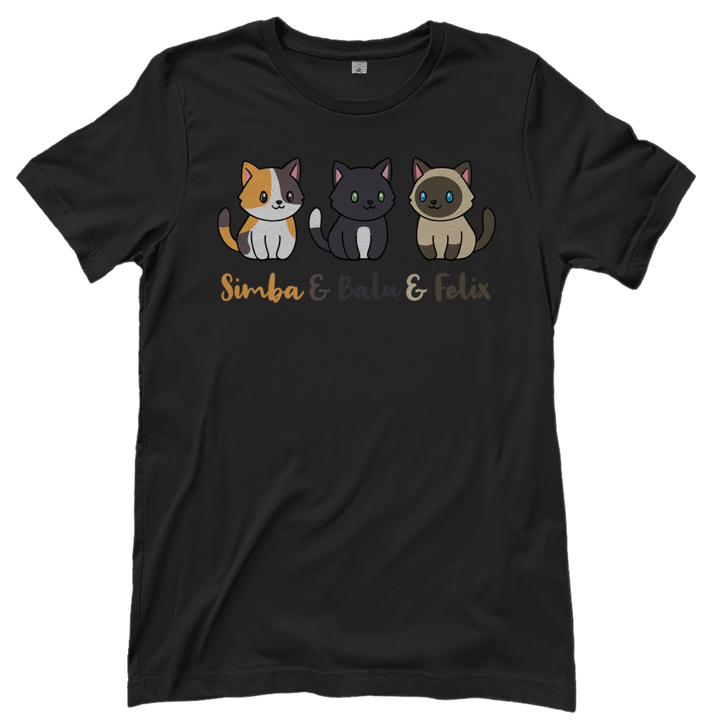 Damen T-Shirt Personalisiert - Drei Individuelle Cartoon Katzen mit Namen