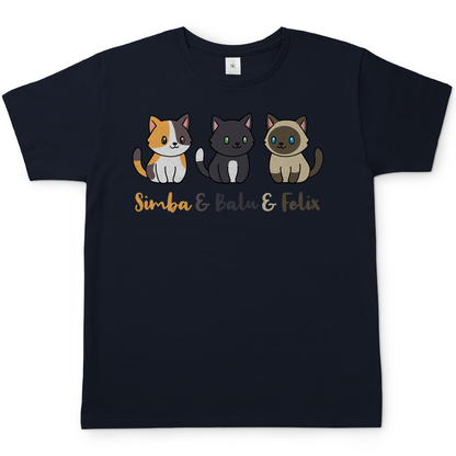 Herren T-Shirt Personalisiert - Drei Individuelle Cartoon Katzen mit Namen