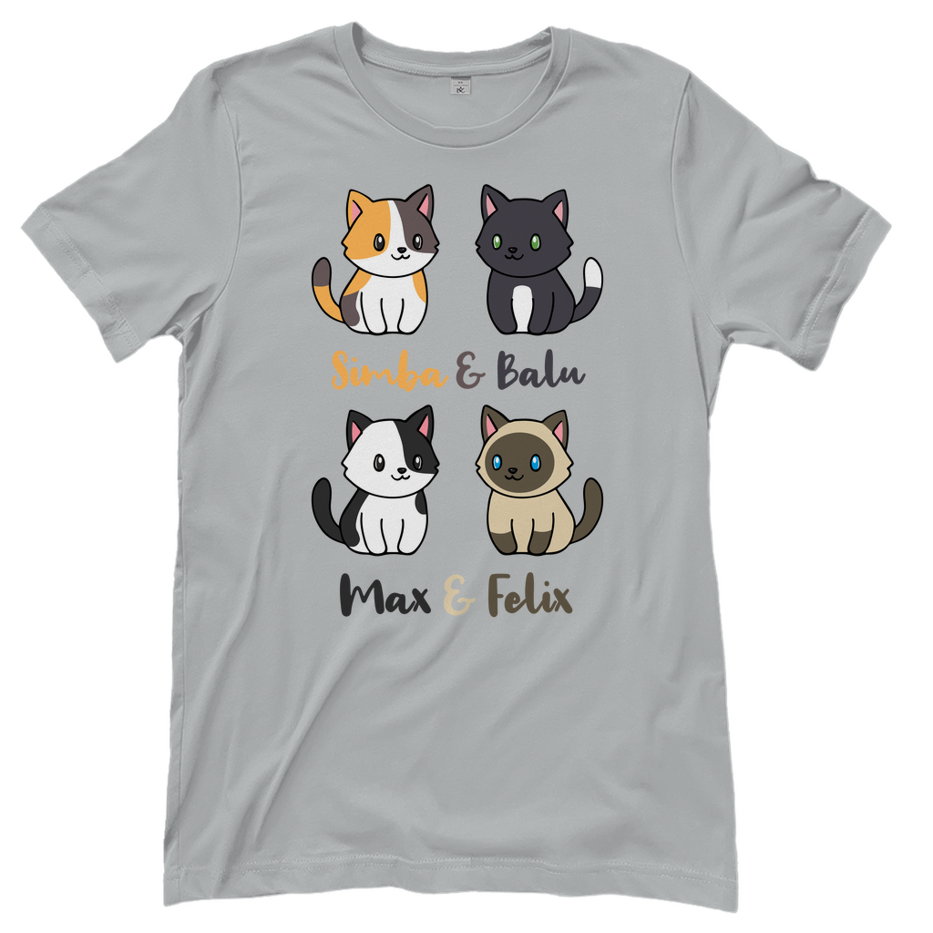 Damen T-Shirt Personalisiert - Vier Individuelle Cartoon Katzen mit Namen