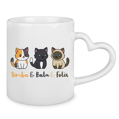 Tasse mit Herzhenkel Personalisiert - Drei Individuelle Cartoon Katzen mit Namen