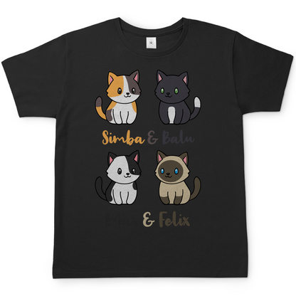 Herren T-Shirt Personalisiert - Vier Individuelle Cartoon Katzen mit Namen