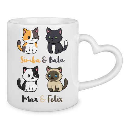 Tasse mit Herzhenkel Personalisiert - Vier Individuelle Cartoon Katzen mit Namen