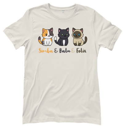 Damen T-Shirt Personalisiert - Drei Individuelle Cartoon Katzen mit Namen