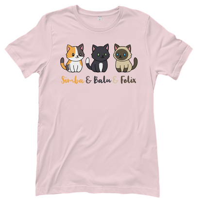 Damen T-Shirt Personalisiert - Drei Individuelle Cartoon Katzen mit Namen