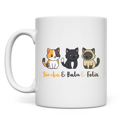 Tasse Personalisiert - Drei Individuelle Cartoon Katzen mit Namen